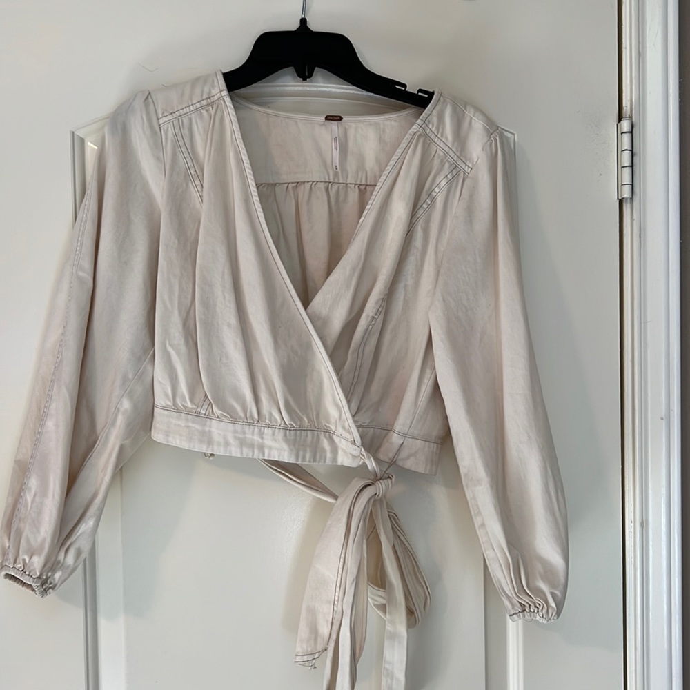 Free People white denim cropped wrap top